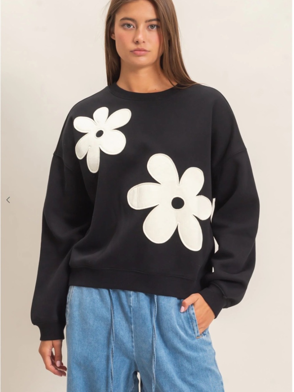 NEW Double Zero Black Floral Appliqué Fleece Sweatshirt Jogger Set Medium - Picture 3 of 9
